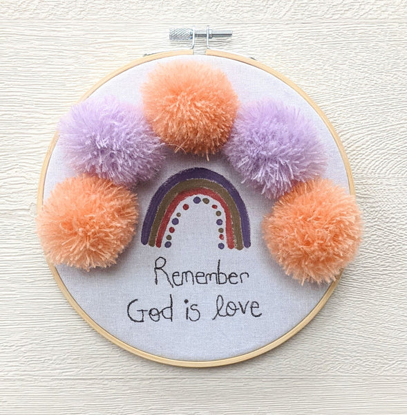 'Remember God is Love' 6 inch rainbow pompom hoop