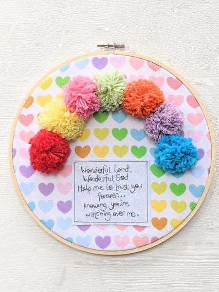 'Wonderful Lord' 9 inch rainbow pom pom embroidery hoop